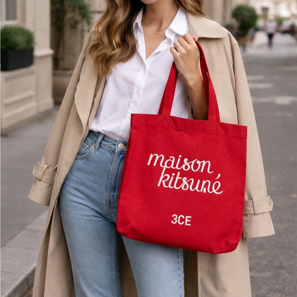 Maison Kitsuné 3CE Red Logo Tote Bag Cotton Canvas 17x15 French Girl Style